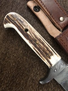 Damascus Knife: Damascus "White Hunter" Knife with Sambar Deer Antler Handle Mid Brown Sheath No2