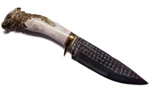 Ken Richardson Custom Handmade 5.5" Drop Point Blade Hunting Knife with Deer Antler Handle & Custom Sheath