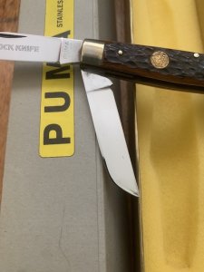 Puma Knife: Puma Mint Rare 1969 'STOCK' 3 blade Knife with Dark Brown Jigged Bone Handle and Box #96744