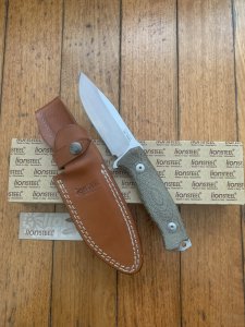 LionSTEEL Italy. Model M5 CVG-2 Green Canvas Micarta Handle with Leather Sheath