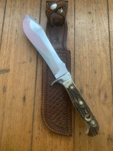 Puma Knife: Puma Vintage 98% Mint 1969 White Hunter with Stag Handle & Custom Sheath