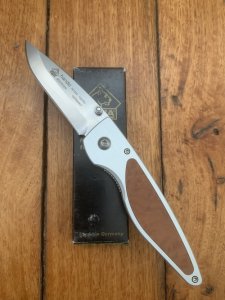 Puma Knife: Puma 2002 Handic Linerlock Brushed Silver & Wood Frame Folding Knife