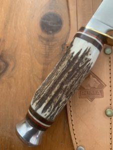 Puma Knife: Puma Circa 1980's Original Model 17 Medium Scout/Hunter Knife with Sambar Handle and Original Sheath