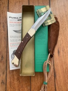 Puma Rare Model 970 Plainsman 1969 Folding Knife with original box & Paperwork & Pouch #96583