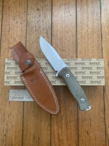 LionSTEEL Italy. Model M5 CVG-2 Green Canvas Micarta Handle with Leather Sheath