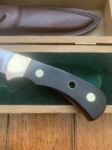 Puma Knife: Puma Original 1979 4 Star Fixed Blade Knife with Black Ebony Layered Handle in Original Wooden Box #13971