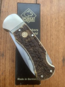 Puma Knife: 2018 Puma 4 Star Full Sized Folding Lock Knife with Thick Stag Antler Handle