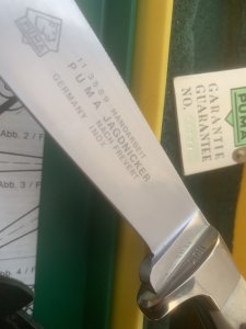 Puma Knife: Puma 1987 Jagdnicker Knife with Stag Handle & Green & Yellow Box