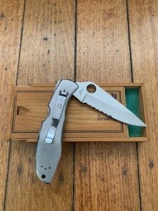 Spyderco Unique Delica 4 Pearl Handled Folding Knife in Wooden Box