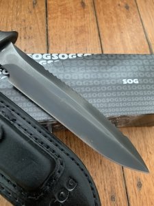 SOG Vintage Original SSD01-L DEMO Knife with Leather Sheath and Sharpening Stone.