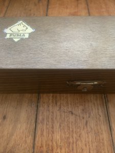Puma Knife: Puma Original 1980's-90's 4 Star Fixed Blade Knife with Black Micarta Handle-Tan Sheath in Original Wooden Box