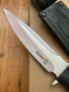 Kizlyar Knife: Kizlyar Original Phoenix Satin Military Knife with Elastron Rubberised Handle and Leather Sheath #628