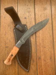 Damascus Knife: Damascus Kukri Style Knife with Stained Bone Handle