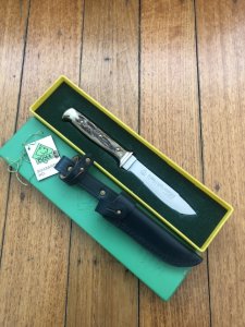 Puma Knife: Puma 1985 Jagdnicker Knife with Stag Handle & Green & Yellow Box #41582