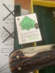 Puma Knife: Puma 1990 Waidmesser GameKeeper Knife with Stag Handle & Green & Yellow Box #24091