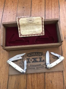 Schrade IXL Sheffield made Twin Set Scrimshawed Stockman and Canoe Folding knives in original presentation box with original warranty
