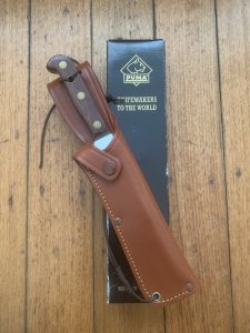 Puma Knife: Puma Rare 1999 Auto White Hunter Knife with Mid Brown sheath and Puma Box