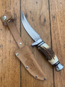 Solingen Germany EUROCUT Original 3 1/2" Blade Original Buffalo Skinner with Deer Antler Handle & Leather Sheath