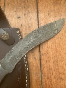 Damascus Knife: Damascus Kukri Style Knife with Stained Bone Handle
