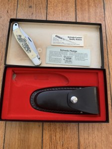 Schrade Vintage Limited Edition SC500 USA-Made Scrimshaw Large Moose Folding Knife, Box and Leather Pouch