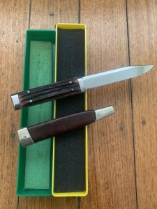 Puma Knife: Puma 1972 Vintage 3573 Boot Knife with Stag Handle Sheath in Puma Green/Yellow Box