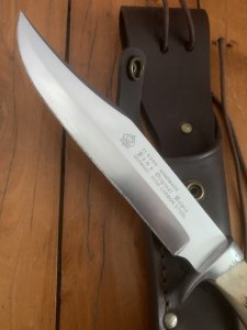 Puma Knife: Puma Lightly Used 1990 Bowie Handmade Knife with Stag Antler Handle & Original Puma Sheath