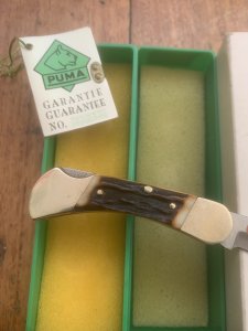 Puma Knife: Puma 1980 Rare model 895 Lord Folding Knife with Stag Handle Original Box and matching Warranty