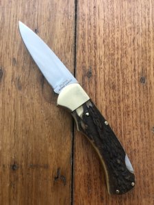 Puma Knife: Puma 1985 USED 745 4 Star Full Sized Folding Lock Knife with Stag Antler Handle *19581