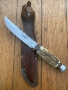 Puma Knife: Puma Circa 1950-60's Original 6301 Sportsmesser Medium Scout Knife with Saw Back Blade and Sambar Handle