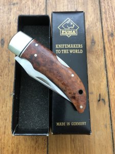 Puma Knife: Rare Puma THUYA Folding Knife with Root Wood Handle in original Black Box