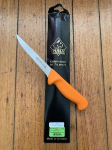 Puma Knife: PUMA German Made boning knife, straight semi-flex, 13 cm Blade with Orange Handle