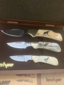 Kershaw Knife: 1982 Rare Scrimshawed set of 3 Knives in Presentation Box #142/1000