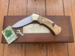 Puma Knife: Limited Edition 1983 715 4 Star Spirit of Massachusetts Scrimshawed Handle in Wooden Presentation Box