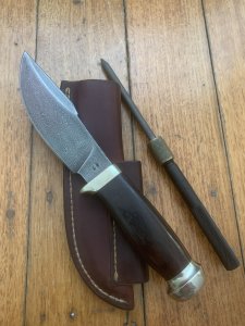 Safari Club International Limited Edition 1988 CHARLTON USA Damascus Fixed Blade with Sharpening Stone and Sheath 87-100