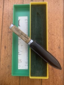 Puma Knife: Puma 1981 Vintage 3573 Boot Knife with Stag Handle Sheath in Puma Green/Yellow Box