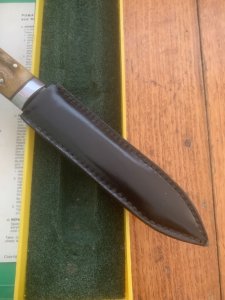 Puma Knife: Puma 1981 Vintage 3573 Boot Knife with Stag Handle Sheath in Puma Green/Yellow Box