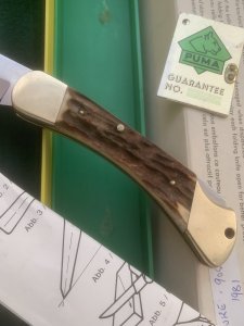 Puma Knife: Puma 1981 Rare model 905 Duke Folding Knife with Stag Handle Original Box and matching Warranty #15181