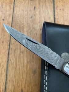 Damascus Folding Knife with White Bone Handle File Work and Pouch