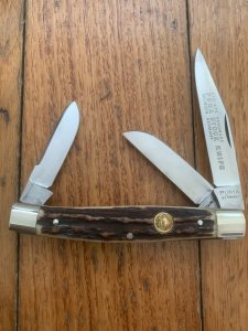 Puma Knife: Puma rare vintage 1990 'STOCK' 3 blade Fold back Knife with Stag Antler Handle