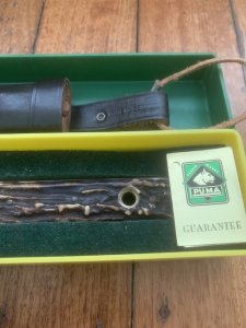 Puma Knife: Puma 1974 FAHRTENMESSER Stag in Original Sheath and Plastic Box with Tag