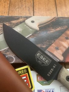 ESEE Knives- ESEE-6HM Knife with Ivory-Beige Micarta Handle & Black Plain Edge Blade & Leather Sheath