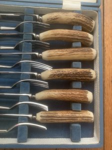ASHBERRY Sheffield England 1930's-50's 12 Piece Stag Handled Knife & Fork Set.