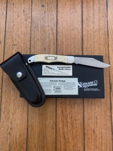 Schrade Vintage Limited Edition SC500 USA-Made Scrimshaw Large Moose Folding Knife, Box and Leather Pouch