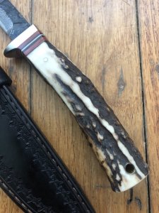 Damascus Knife: Japanese Made 45 Layer Damascus BushCraft Knife with Red Stag Antler Handle and Custom Keith Fludder Sheath