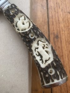 German Knife: 1970'-80's  Integral Jagdnicker Knife with Carved Stag Handle & Sheath