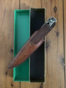 Puma Knife: Puma 6398 Original 1970 Hunters Friend knife Scrimshawed by SELVIDGE  with Sheath & Box