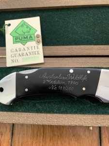 Puma Knife: Puma 1990 Australian Wildlife Collection 'Crocodile' model 985 Custom Folding Knife with Ebony Handle Original Box and matching Warranty #169/200