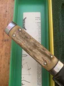 Puma Knife: Puma 1981 Vintage 3573 Boot Knife with Stag Handle Sheath in Puma Green/Yellow Box
