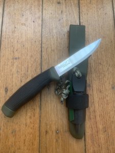 MORA Swedish Made Clipper Hunting Knife with Rubberised Handle Plastic Sheath and Fire Starter