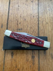 Puma Knife: Puma Original Stockman Knife with Bright Red Jigged Bone Handle Circa 2004